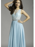 Beaded Sky Blue Lace Chiffon Sheer Back Maxi Prom Dress